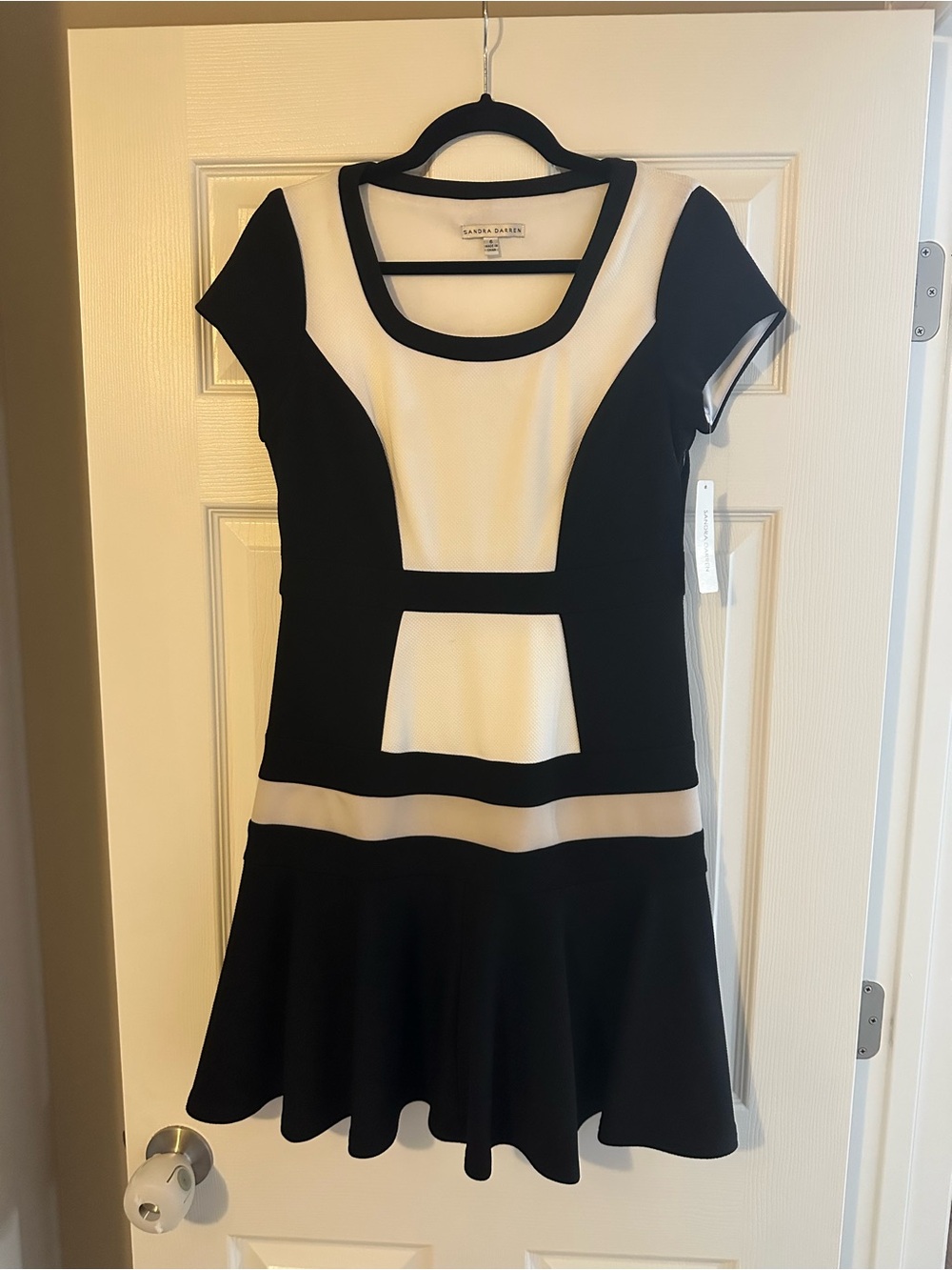 Sandra Darren Black and White Colorblock Fit & Flare Dress